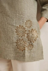 Olive Green Short Kurti – Gold Daisy Cluster Embroidery Detail Close-Up | Kalyanja