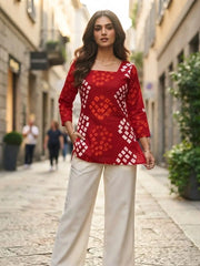 Red Bandhani Print Short Kurti – Front View A-Line Silhouette | Kalyanja