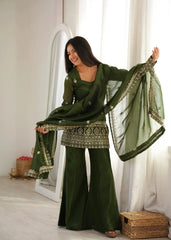 Olive Green Suit with dupatta spread wide — floral booti embroidery and lace border detail visible