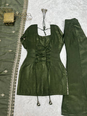 Flat lay of suit top with open dori tie-up back — Olive Green Sequins Embroidered Zari Suit