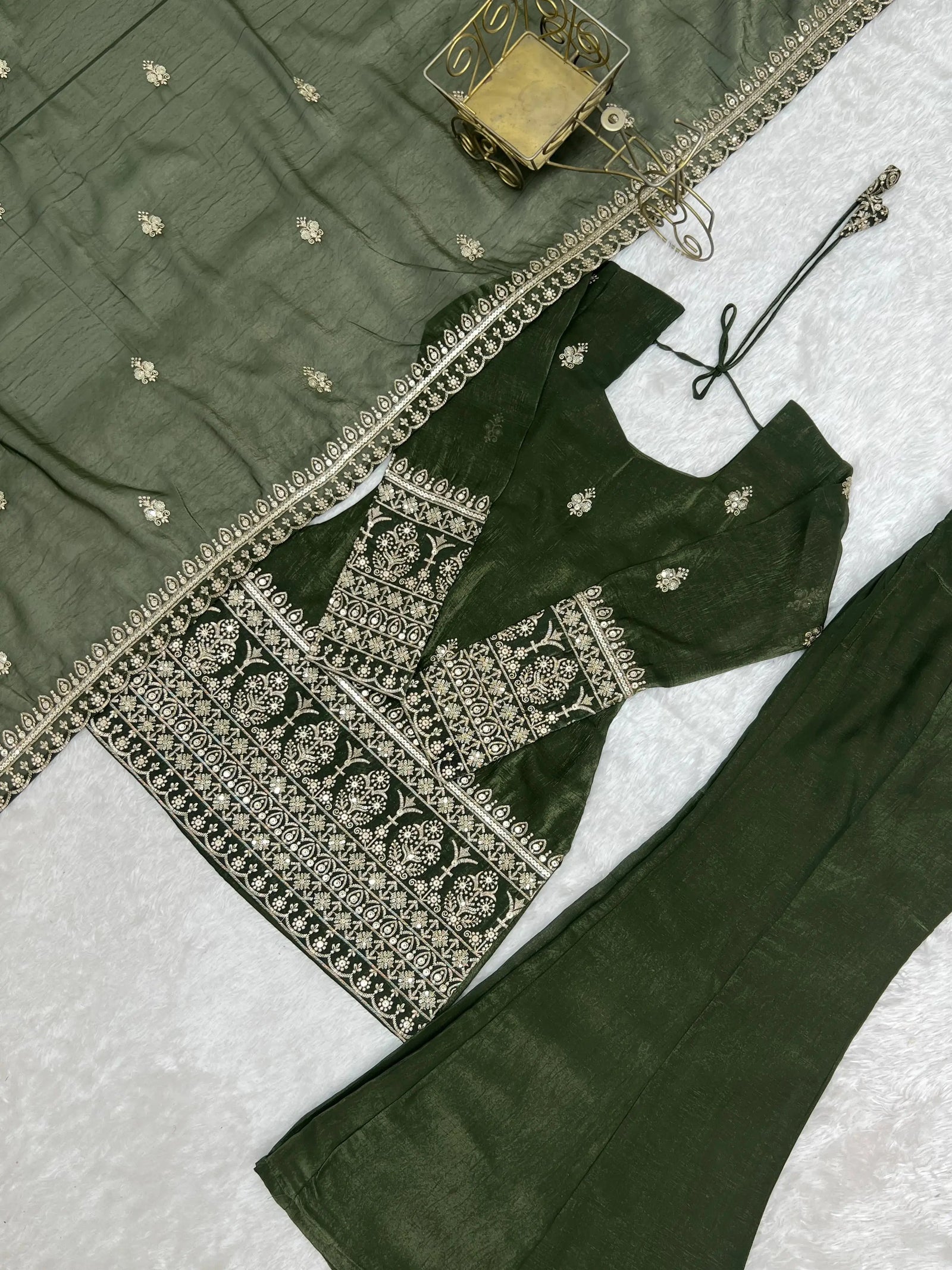 Flat lay of Olive Green Sequins Embroidered Zari Work Suit — full set with pant and dupatta