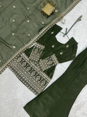 Flat lay of Olive Green Sequins Embroidered Zari Work Suit — full set with pant and dupatta