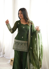 Olive Green Sequins Embroidered Zari Work Suit — front view model with dupatta, looking to the side