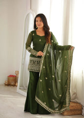 Olive Green Sequins Embroidered Zari Work Suit — full front with floral booti dupatta draped