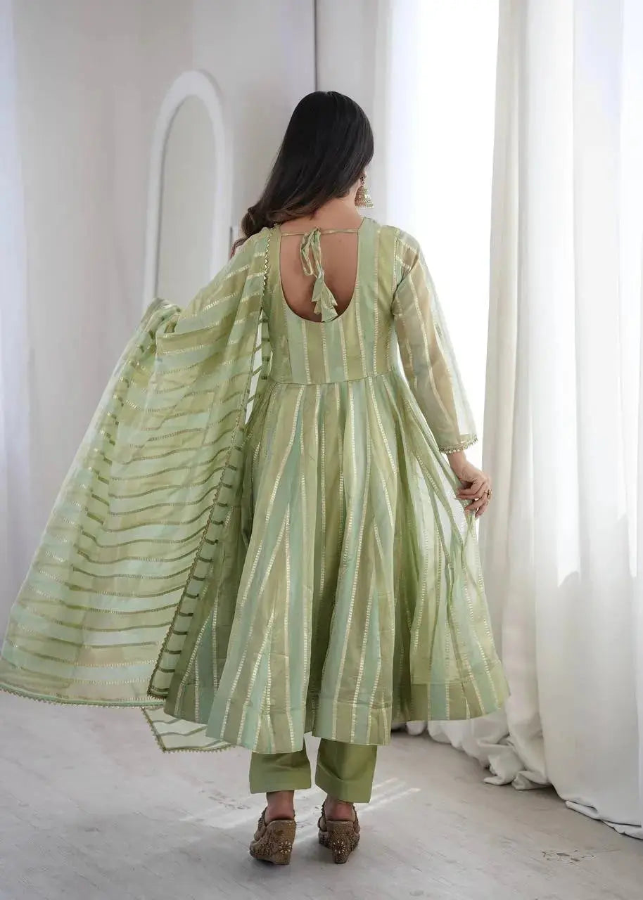 Soft pastel green mirror work suit open back with dori tie-up detail