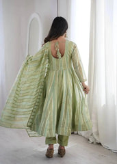 Soft pastel green mirror work suit open back with dori tie-up detail