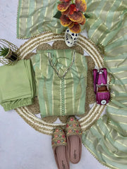 Close-up flat lay of mirror work neckline and cuff detail on pastel green suit