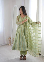 Soft pastel green mirror work anarkali suit set with straight pants - full front view