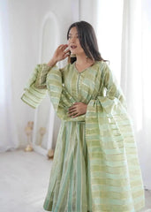 Soft pastel green mirror work anarkali suit with dupatta - front look