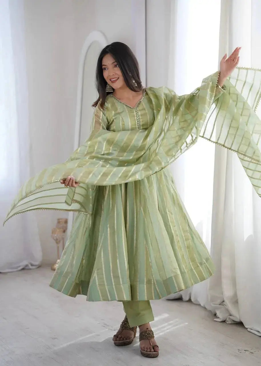 Soft pastel green mirror work suit dupatta flowing - twirl side view