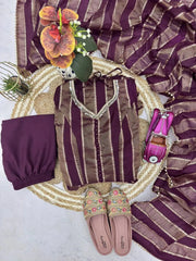 Full flat lay of wine mirror work suit set with dupatta, pants and footwear