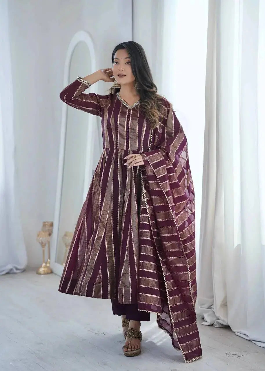 Wine mirror work anarkali suit set with straight pants - front view