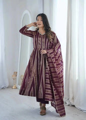 Wine mirror work anarkali suit set with straight pants - front view
