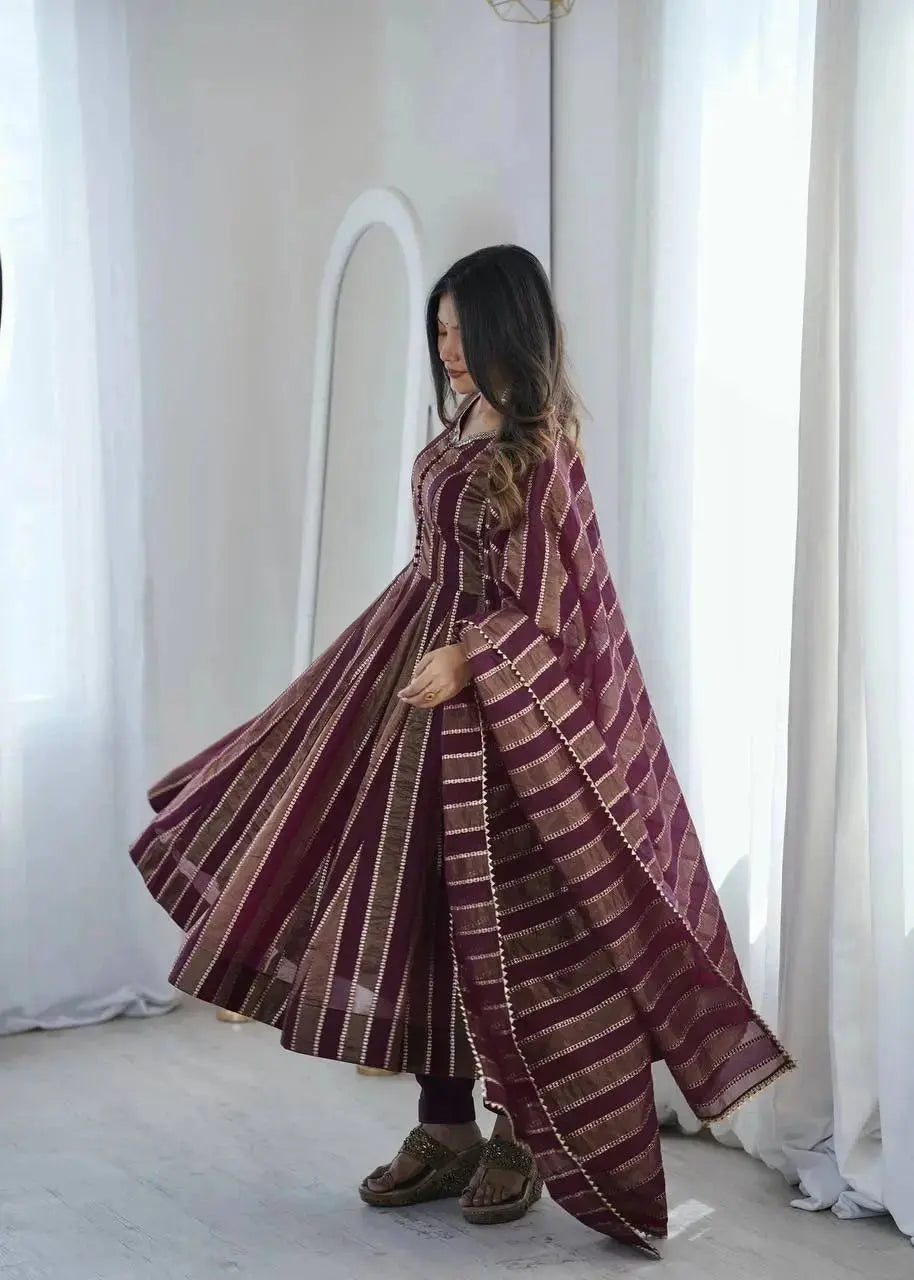 Wine mirror work anarkali suit paired with straight pants - front pose