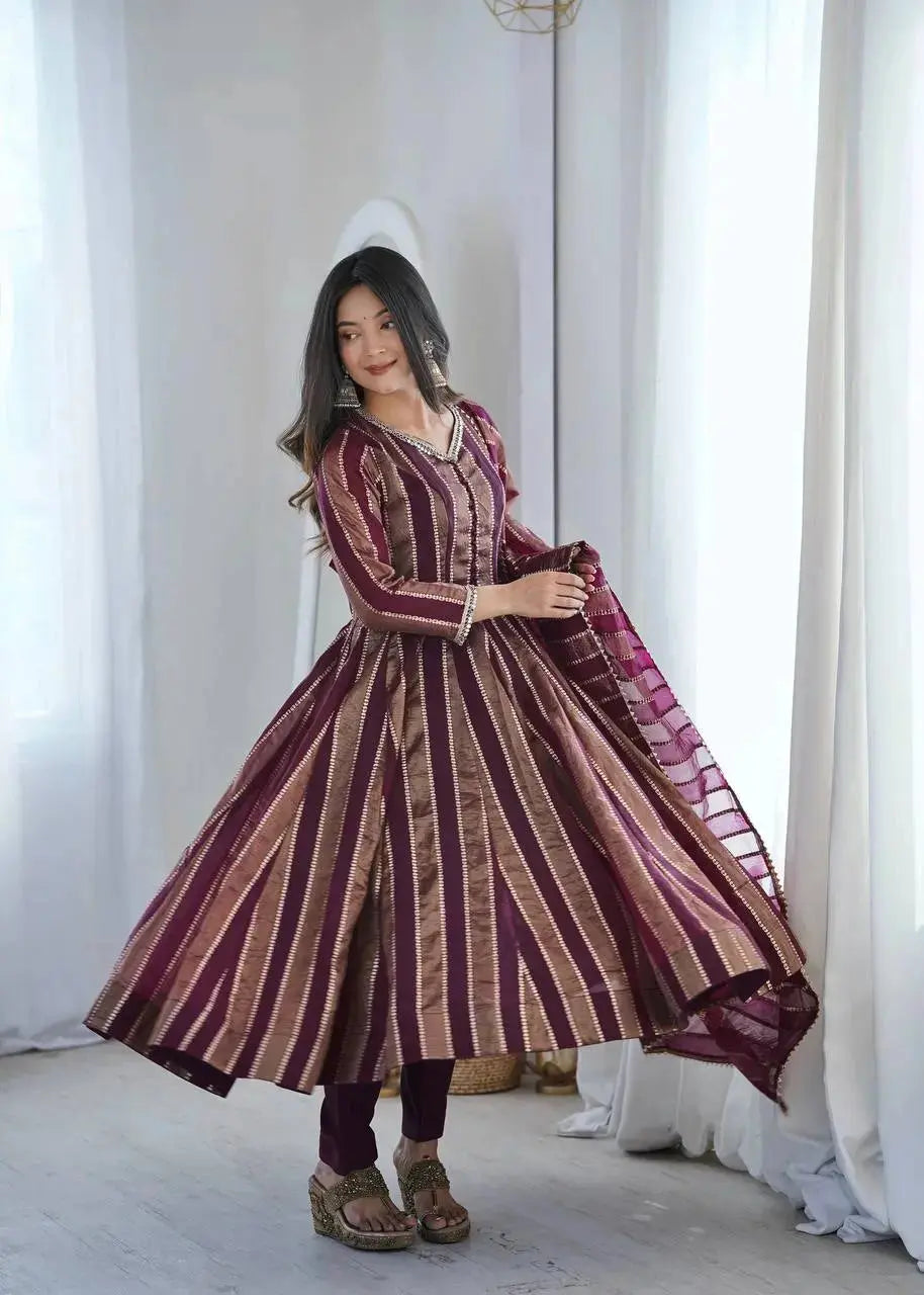 Wine mirror work anarkali suit with dupatta - front twirl look