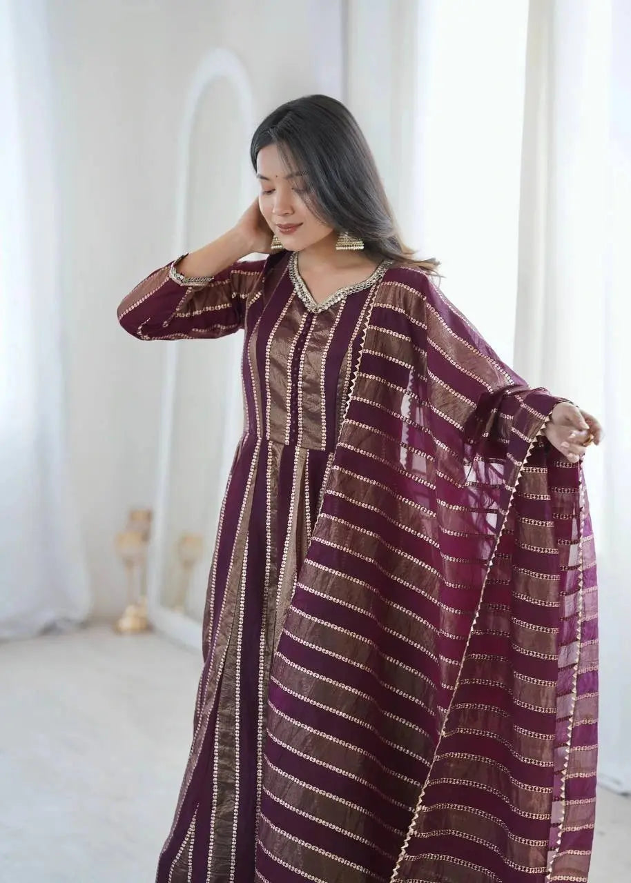 Wine mirror work suit anarkali flare twirl view