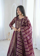 Wine mirror work suit dupatta draped over arm - side view