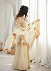 KU212 Beige Mirror Work Suit – Back/side view with dupatta held spread showing full Palazzo width and tassel border