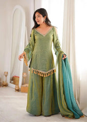 Green Mirror Work Suit – Tassel Border dupatta fringe detail close-up