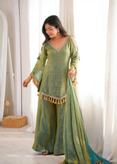 Green Mirror Work Suit flat lay – suit, Palazzo and Tassel Border dupatta