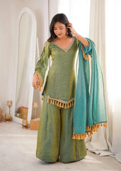 Green Mirror Work Suit – full-length model shot with Palazzo and dupatta
