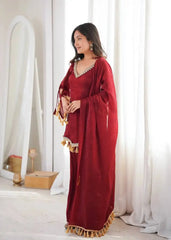 Maroon Suit – tassel fringe cuffs and dori tie-up detail on bell sleeves