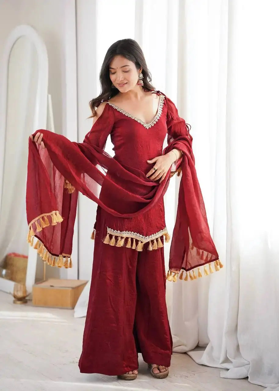 Maroon Mirror Work Suit flat lay – suit, Palazzo and Tassel Border dupatta