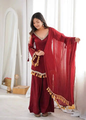 Maroon Mirror Work Suit – second front view showing full length and Palazzo