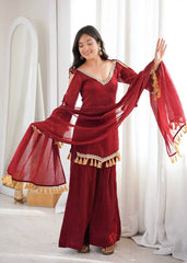 Maroon Mirror Work Suit – full-length pose with dupatta draped over shoulder