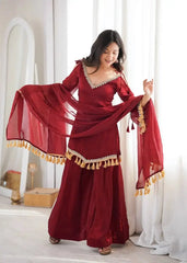 Maroon Mirror Work Suit – full-length walking pose showing Palazzo movement
