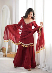 Maroon Suit – full-length side-angle view with bell sleeves extended