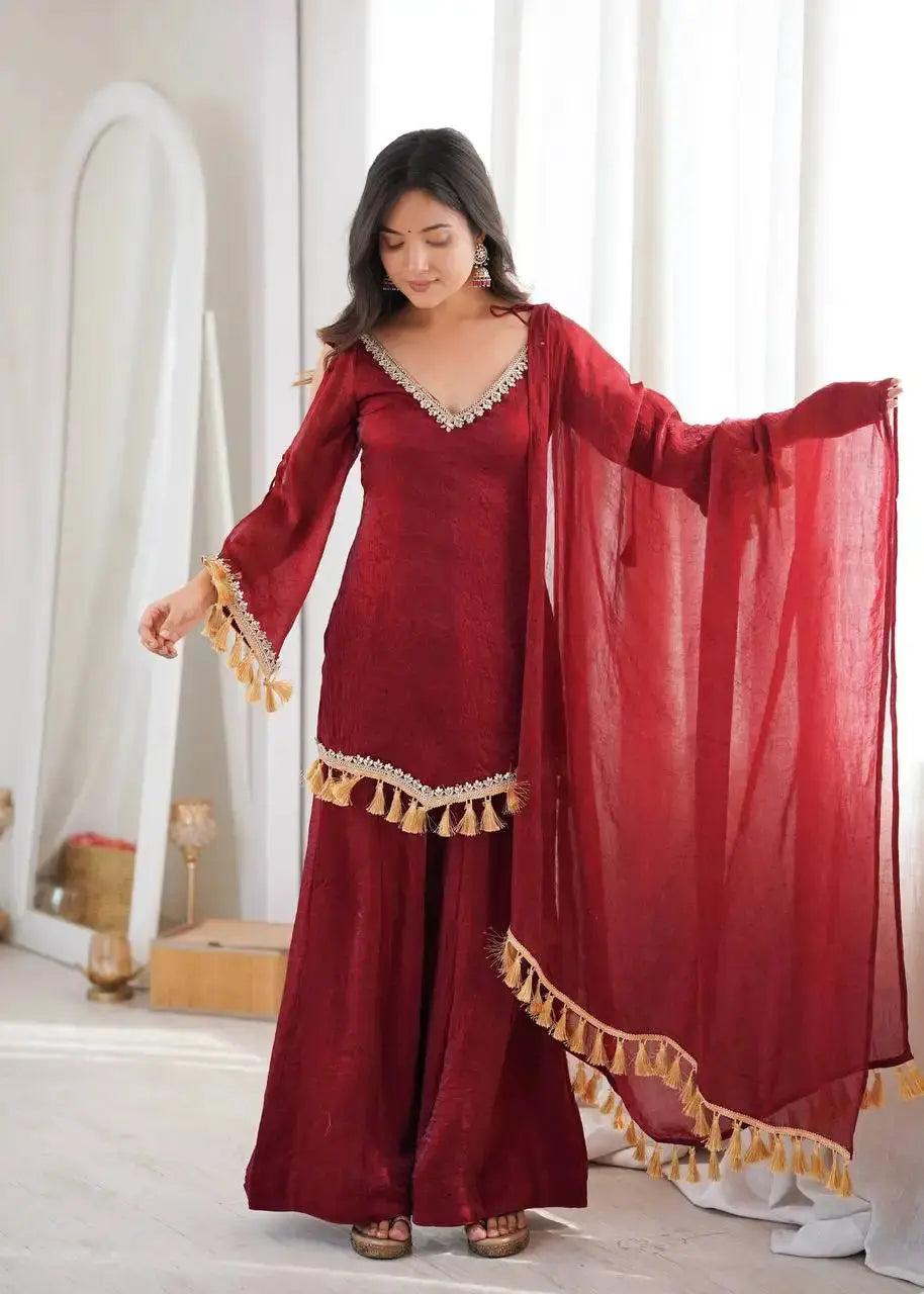 Maroon Mirror Work Suit – side view showing bell sleeve silhouette and dupatta drape