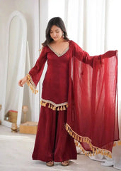 Maroon Mirror Work Suit – side view showing bell sleeve silhouette and dupatta drape
