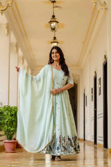 Pastel Pistachio Green Embroidered Suit with Zari Border Dupatta spread – KU214