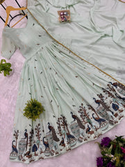 Full flat lay of KU214 Pastel Pistachio Green Embroidered Suit and Dupatta | Kalyanja