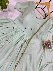 Flat lay close-up of KU214 Pastel Pistachio Green Embroidered Anarkali Suit bodice