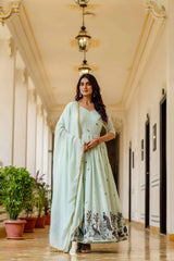 Pastel Pistachio Green Chinon Anarkali Suit with Zari Border Dupatta – KU214