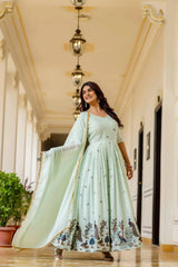 Full length view of Pastel Pistachio Green Anarkali Suit with flowing dupatta