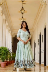 Pastel Pistachio Green Embroidered Anarkali Suit front view – KU214 | Kalyanja