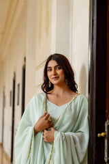 Close-up portrait of Pastel Pistachio Green Embroidered Suit with V-neck – KU214