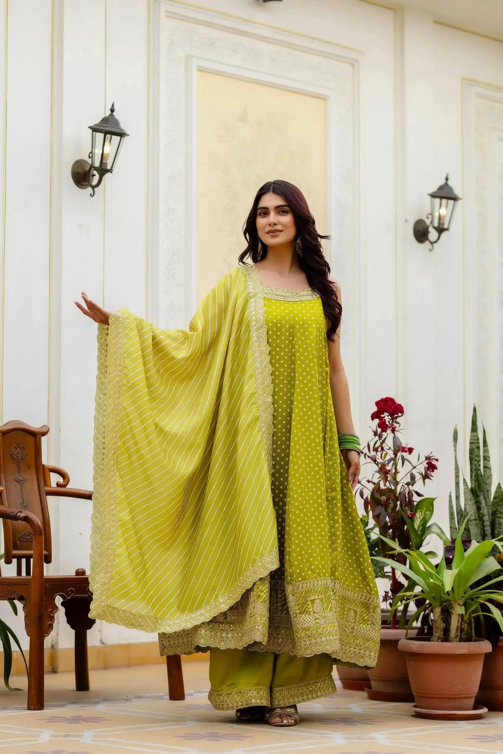 Android Green Embroidered Anarkali Suit – back view showing open back