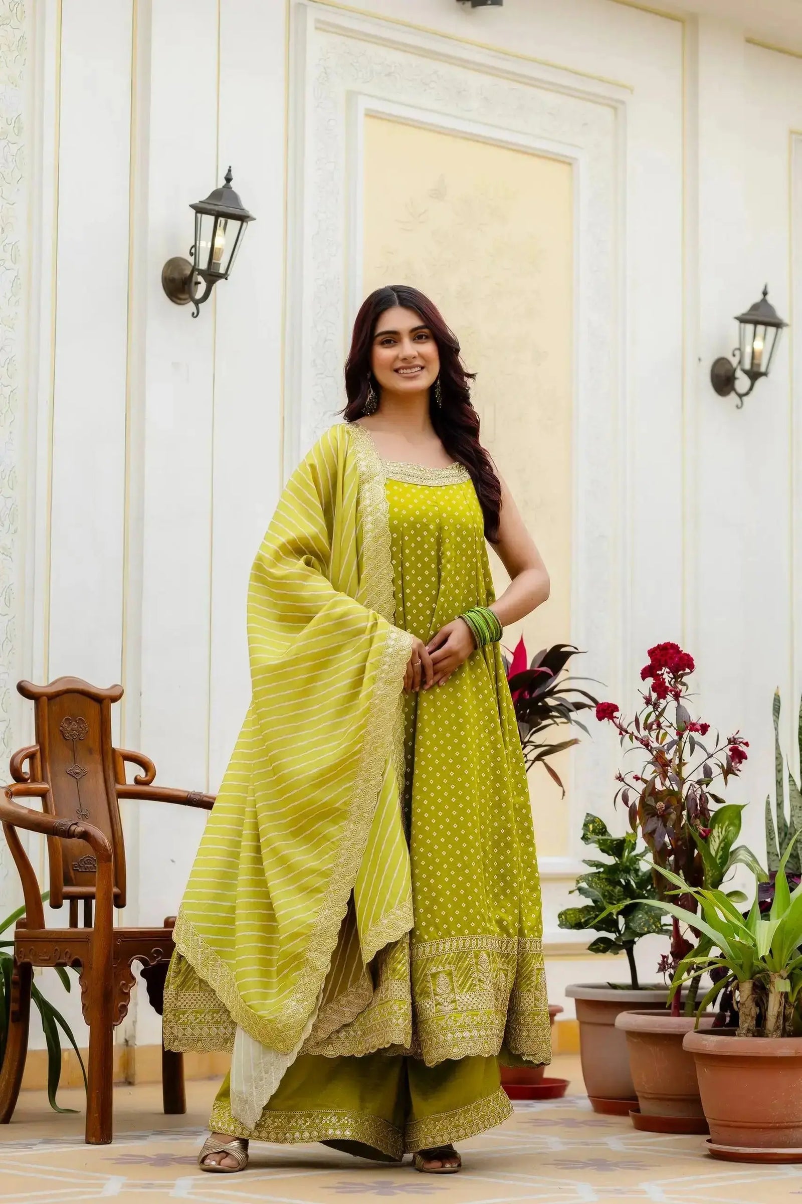 Android Green Anarkali Suit – close-up of sequins and mirror work on yoke