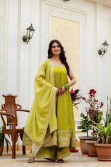 Android Green Anarkali Suit – close-up of sequins and mirror work on yoke