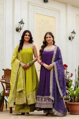 Android Green Embroidered Anarkali Suit – full-length model shot with Palazzo and dupatta