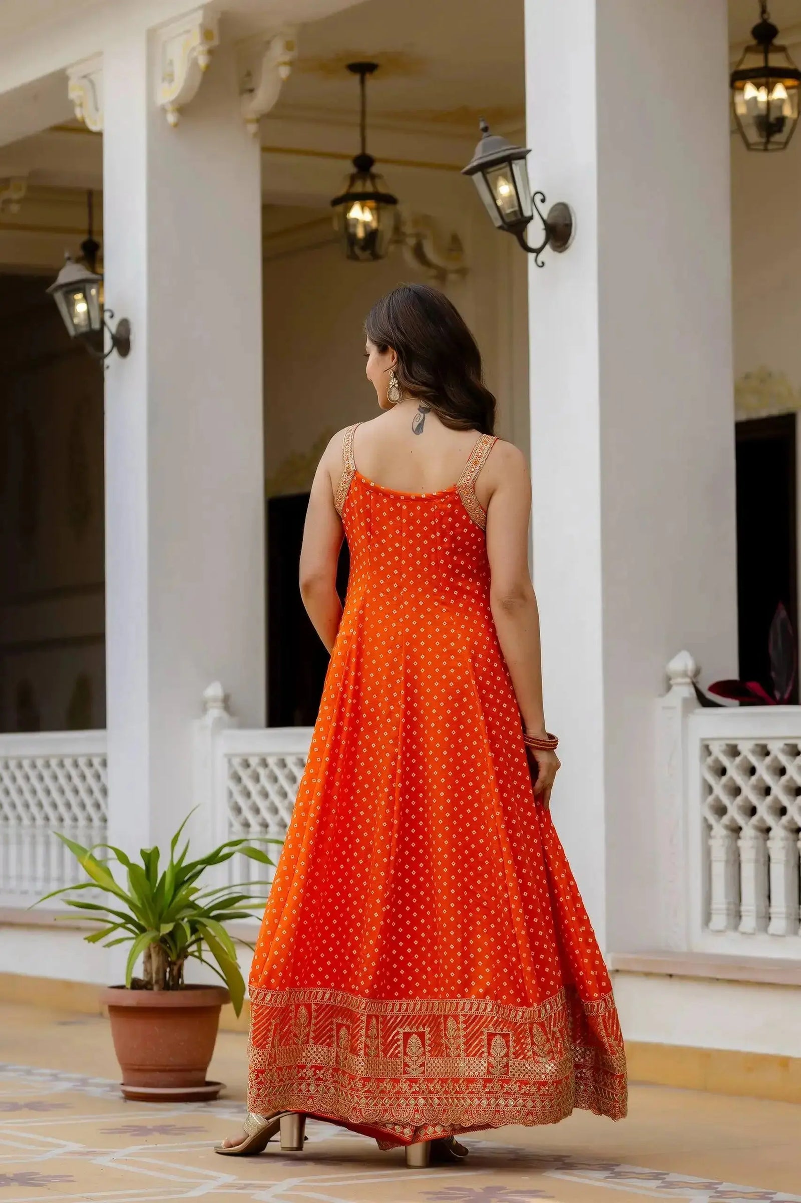 Orange Anarkali Suit – second back view with dupatta