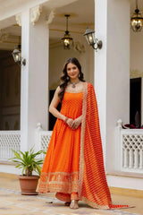 Orange Embroidered Suit – Striped Lurex dupatta zari border close-up