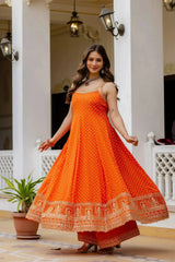 Orange Anarkali Suit – close-up of gold mirror work and sequins on yoke