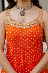 Orange Embroidered Anarkali Suit – front view, mirror work yoke and wide Anarkali flair