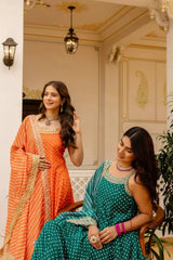 Orange Embroidered Anarkali Suit – full-length model shot with Palazzo and dupatta