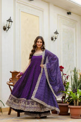 KU215 Purple Embroidered Anarkali Suit – Flying dupatta pose showing full A-line flair, leheriya Striped Lurex dupatta with gold zari border